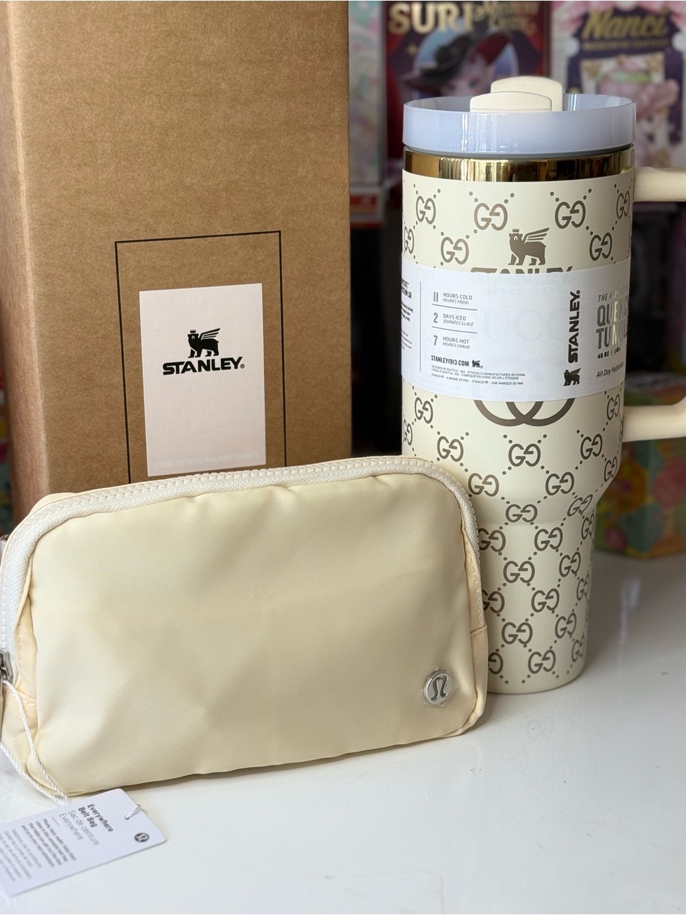 Stanley Cream Logo 40 oz Tumbler with Lululemon Cream belt bag.